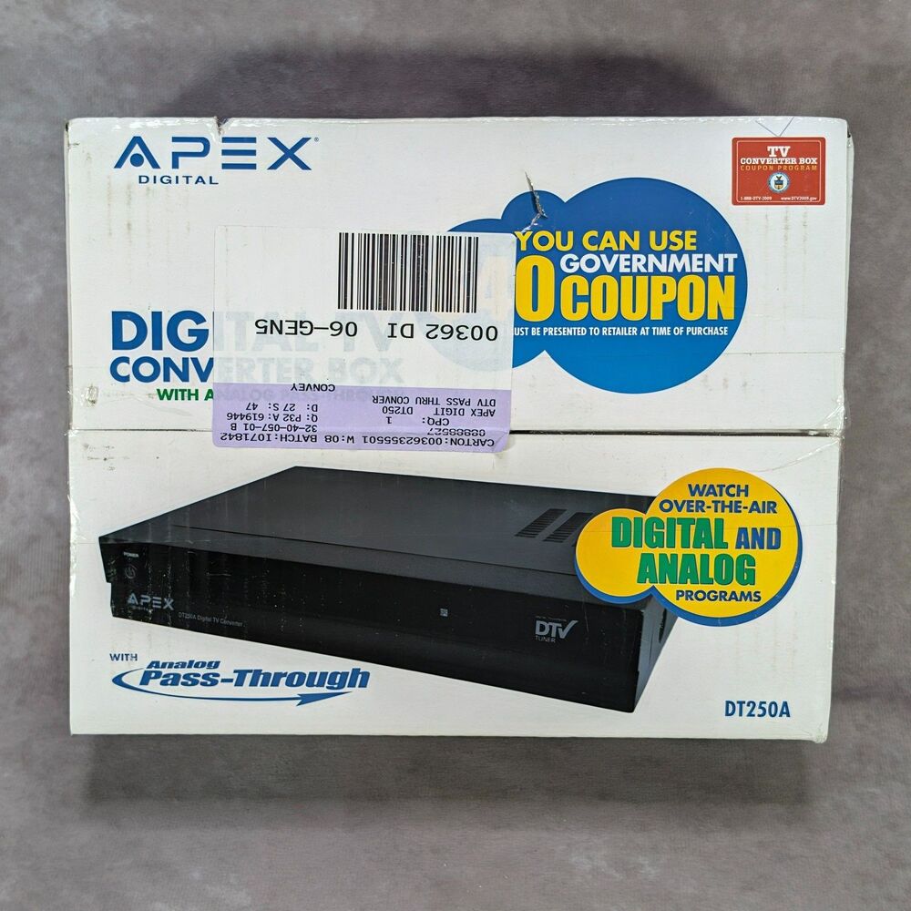 Apex Digital DT250A Digital TV Converter Box Analog Pass-Through DTV New Sealed